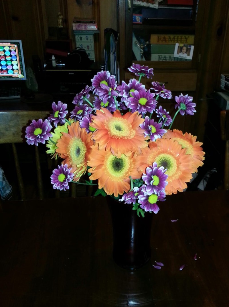 Orange gerbera and purple daisy bouquet